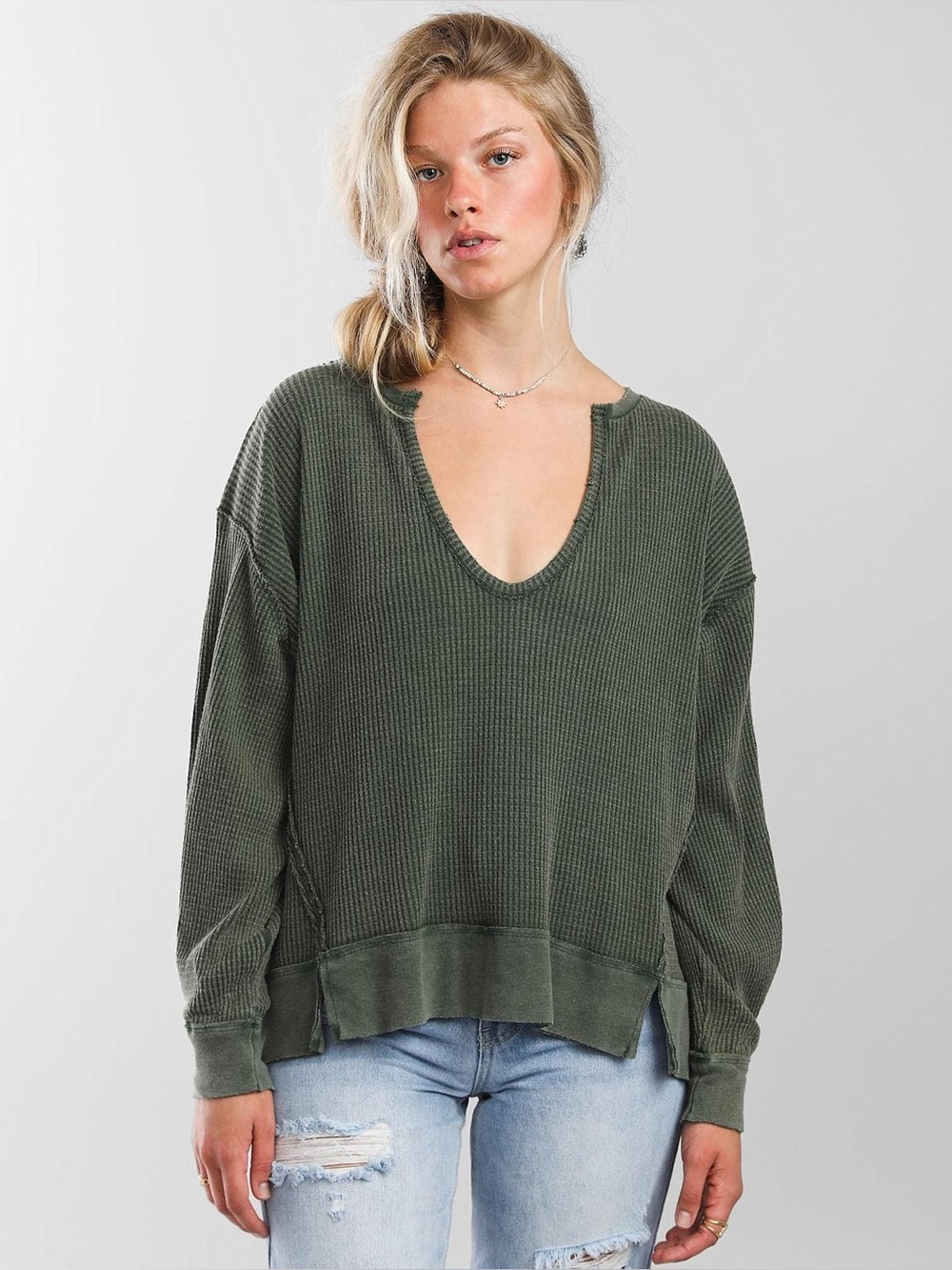 NWOT Free People Buttercup Thermal Top Green Oversized